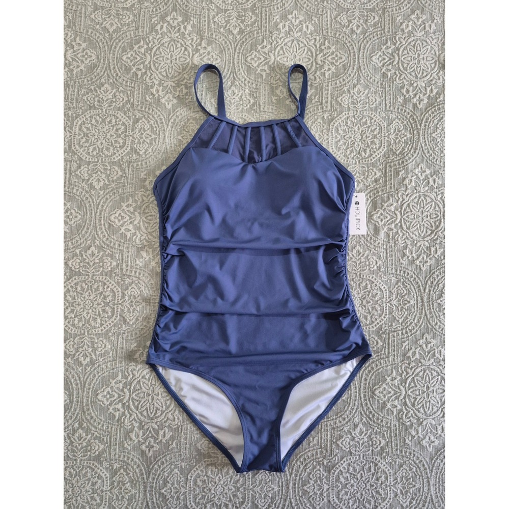 Holipick Womens One Piece Swimsuit Blue High Neck Mesh Ruched Tummy Control L